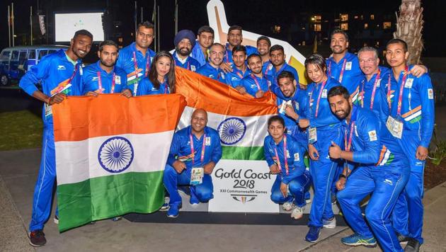 The Indian contingent during the country's flag-hoisting ceremony of the Commonwealth Games 2018 at Gold Coast in Australia on Monday. (PTI) The Indian contingent during the country's flag-hoisting ceremony of the Commonwealth Games 2018 at Gold Coast in Australia on Monday. (PTI)