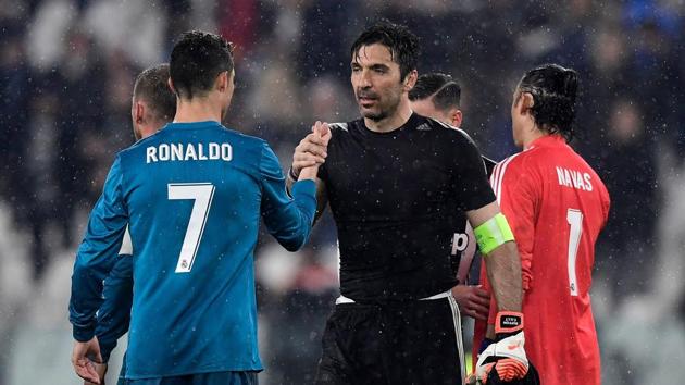 Ronaldo was later congratulated by Juventus’ veteran goalkeeper Gianluigi Buffon for his goal. (AFP) Ronaldo was later congratulated by Juventus’ veteran goalkeeper Gianluigi Buffon for his goal. (AFP)