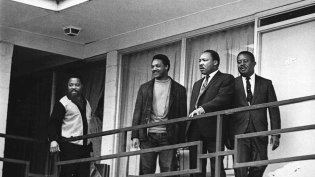 Martin Luther King Jr. (2nd-R) stands with civil rights leaders Hosea Williams, Jesse Jackson, King, and Ralph Abernathy (L-R) on the balcony of the Lorraine Motel in Memphis, Tennessee on April 3, 1968, a day before he was assassinated at approximately the same place. From left are Hosea Williams, Jesse Jackson, King, and Ralph Abernathy. (Charles Kelly / AP File) Martin Luther King Jr. (2nd-R) stands with civil rights leaders Hosea Williams, Jesse Jackson, King, and Ralph Abernathy (L-R) on the balcony of the Lorraine Motel in Memphis, Tennessee on April 3, 1968, a day before he was assassinated at approximately the same place. From left are Hosea Williams, Jesse Jackson, King, and Ralph Abernathy. (Charles Kelly / AP File)