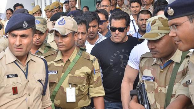 Actor Salman Khan arrives to appear before Jodhpur's Chief Judicial Magistrate (CJM) Rural Court in connection with the hearing in black buck poaching case, on Wednesday.(IANS Photo) Actor Salman Khan arrives to appear before Jodhpur's Chief Judicial Magistrate (CJM) Rural Court in connection with the hearing in black buck poaching case, on Wednesday.(IANS Photo)