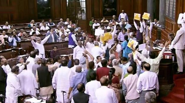 Opposition members protest in front of Rajya Sabha chairperson M Venkaiah Naidu during the Budget session of Rajya Sabha, at Parliament House in New Delhi on Wednesday.(PTI) Opposition members protest in front of Rajya Sabha chairperson M Venkaiah Naidu during the Budget session of Rajya Sabha, at Parliament House in New Delhi on Wednesday.(PTI)