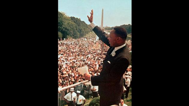 Martin Luther King Jr. at the Lincoln Memorial for his “I Have a Dream” speech calling for equality among the races during the March on Washington on August 28, 1963. A defining moment of the civil rights movement, the March was in part supportive of President Kennedy’s civil rights legislation and the speech an homage to Abraham Lincoln’s Gettysburg Address. (AP File) Martin Luther King Jr. at the Lincoln Memorial for his “I Have a Dream” speech calling for equality among the races during the March on Washington on August 28, 1963. A defining moment of the civil rights movement, the March was in part supportive of President Kennedy’s civil rights legislation and the speech an homage to Abraham Lincoln’s Gettysburg Address. (AP File)