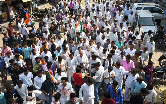 Congress workers taking out a ‘Nyay yatra’ from Udaipura in Raisen district on Thursday to exert pressure on Shivraj Singh Chouhan government to register a criminal case against PWD minister Rampal Singh and his son Congress workers taking out a ‘Nyay yatra’ from Udaipura in Raisen district on Thursday to exert pressure on Shivraj Singh Chouhan government to register a criminal case against PWD minister Rampal Singh and his son