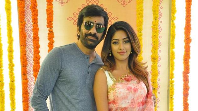Ravi Teja and Anu Emmanuel pose for a picture at the launch of Telugu actioner Amar Akbar Anthony earlier in March.(RaviTeja_offl/Twitter)