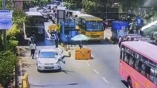 The CCTV footage of the car hitting the toll naka staff.(HT Photo)