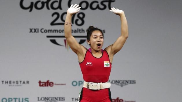 Mirabai Chanu celebrates after making a new Commonwealth record and Commonwealth Games record in women's 48kg Weightlifting at the Commonwealth Games in Gold Coast, Australia on April 5, 2018. (AP)