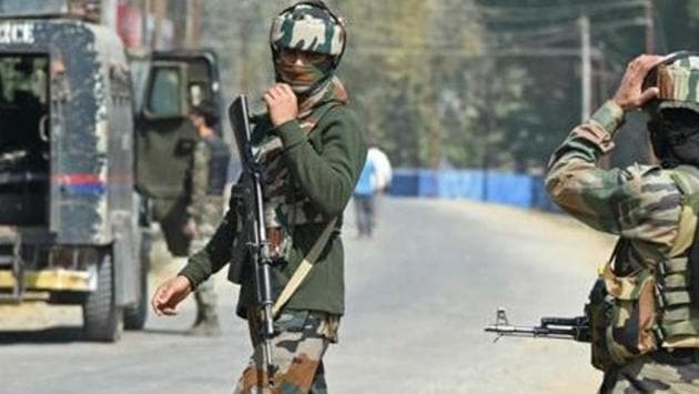 Paramilitary troopers stands guard after a gunfight with militants in Kashmir’s Bandipora district last October.(Representational Photo)