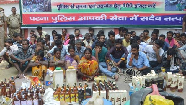 Liquor seized by police at SSP press conference in Patna. (HT File Photo)