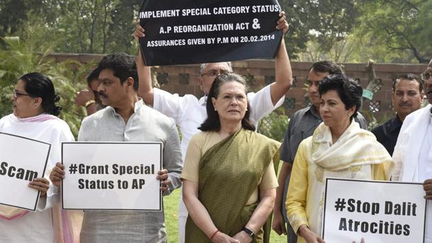 Congress president Rahul Gandhi and UPA chairperson Sonia Gandhi along with members of opposition parties led a protest outside the Parliament on Thursday against various issues such as the farmer crisis, bank scam, no-confidence motion, SC/ST Protection Act and disinvestment of Air India among others. (PTI) Congress president Rahul Gandhi and UPA chairperson Sonia Gandhi along with members of opposition parties led a protest outside the Parliament on Thursday against various issues such as the farmer crisis, bank scam, no-confidence motion, SC/ST Protection Act and disinvestment of Air India among others. (PTI)