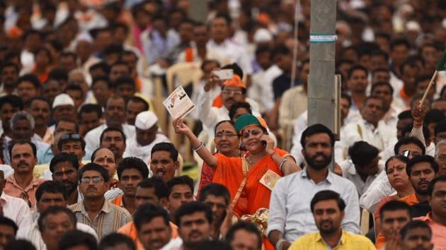 Amit Shelar, BJP Mumbai chief pointed out how the BJP rally today was one of the biggest gathering of supporters. (Satish Bate/ht photo)