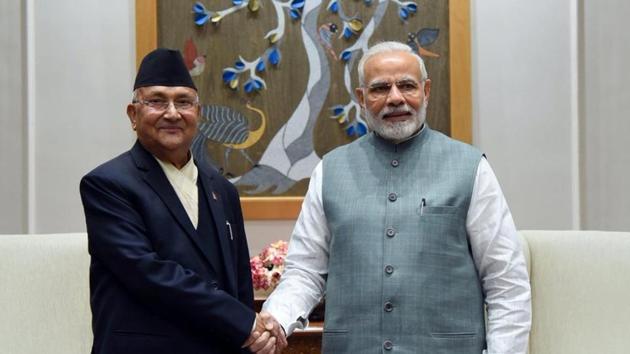 Nepal’s Prime Minister KP Sharma Oli meets his Prime Minister Narendra Modi in New Delhi on Friday.(PIB/Twitter)