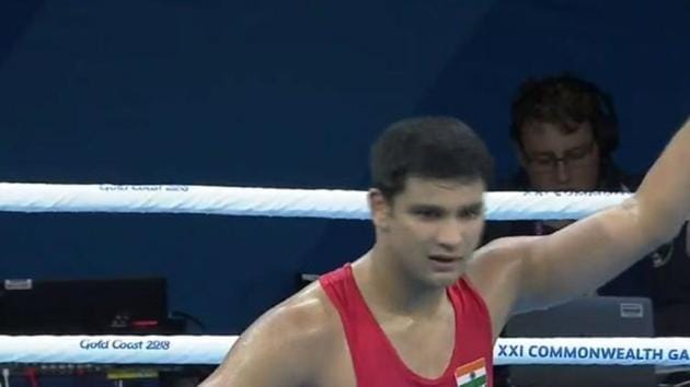 Naman Tanwar of India will next face Frank Masoe of Samoa in the quarterfinals of the 91 kg heavyweight boxing category at the 2018 Commonwealth Games (CWG) in Gold Coast.(Twitter)