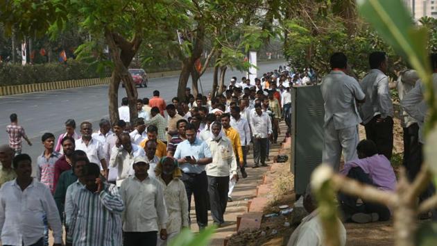 A large crowd gathers outside the venue. (Satyabrata Tripathy /HT Photo)