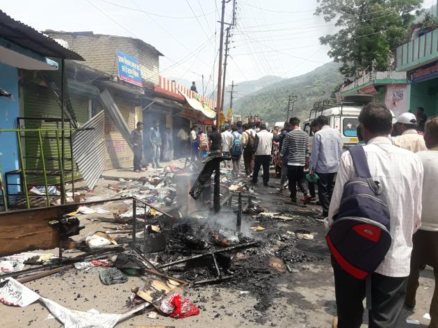 The shops vandalised in Agastmuni town in Rudraprayag district on Friday after a fake Facebook post triggered communal tension.(HT Photo)