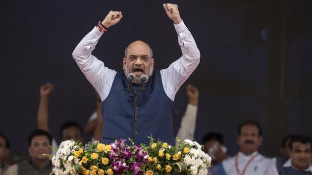 BJP president Amit Shah addresses a crowd on the foundation day of the party at BKC ground in Mumbai.(Satish Bate/HT Photo)