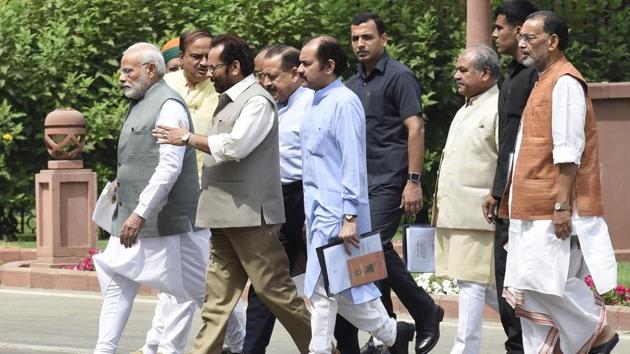 Prime Minister Narendra Modi with senior BJP leaders after the parliamentary party meeting in New Delhi on Friday. (Arvind Yadav/HT Photo) Prime Minister Narendra Modi with senior BJP leaders after the parliamentary party meeting in New Delhi on Friday. (Arvind Yadav/HT Photo)
