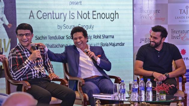 Indian cricketers Sourav Ganguly, Sachin Tendulkar and Rohit Sharma seen during the book launch of 'A century is not enough' by Sourav Ganguly at Bandra in Mumbai, Maharashtra on April 04, 2018. (Ragul Krishnan / HT Photo) Indian cricketers Sourav Ganguly, Sachin Tendulkar and Rohit Sharma seen during the book launch of 'A century is not enough' by Sourav Ganguly at Bandra in Mumbai, Maharashtra on April 04, 2018. (Ragul Krishnan / HT Photo)