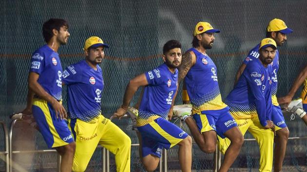 Chennai Super Kings (CSK) players during a practice session for IPL T20-2018 tournament at MAC Stadium in Chennai.(PTI File Photo)