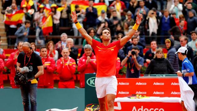 Rafael Nadal on Friday won his first match since limping out of the Australian Open in January when he beat Germanys Philipp Kohlschreiber in straight sets in the Davis Cup quarter-finals.(REUTERS)