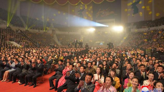 The audience celebrates a joint performance of “We Are One” given by artistes from North and South Korea at the Ryugyong Jong Ju Yong Indoor Stadium in Pyongyang. (KCNA via KNS / AFP)