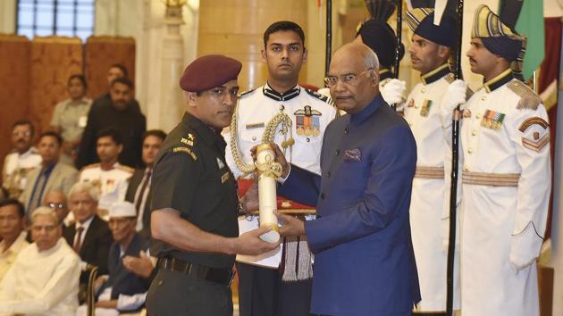 President Ram Nath Kovind presents the Padma Bhushan award to Mahendra Singh Dhoni for contribution to cricket during the Civil Investiture Ceremony at Rashtrapati Bhawan in New Delhi on April 02, 2018. (Raj K Raj / HT Photo) President Ram Nath Kovind presents the Padma Bhushan award to Mahendra Singh Dhoni for contribution to cricket during the Civil Investiture Ceremony at Rashtrapati Bhawan in New Delhi on April 02, 2018. (Raj K Raj / HT Photo)