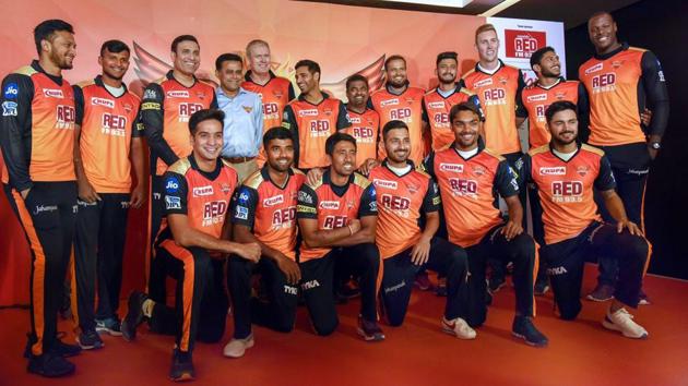 Hyderabad: Sunrisers Hyderabad (SRH) team mentor VVS Laxman, head coach Tom Moody, bowling coach Muttiah Muralitharan and the players pose for a group photograph at a Media conference in Hyderabad on Thursday, ahead of the eleventh edition of Indian Premier League (IPL).(PTI) Hyderabad: Sunrisers Hyderabad (SRH) team mentor VVS Laxman, head coach Tom Moody, bowling coach Muttiah Muralitharan and the players pose for a group photograph at a Media conference in Hyderabad on Thursday, ahead of the eleventh edition of Indian Premier League (IPL).(PTI)