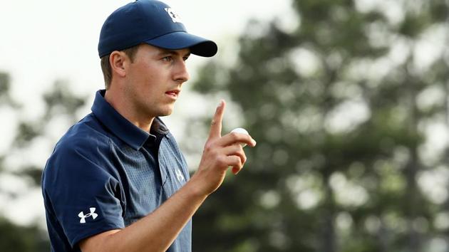 Jordan Spieth of the United States reacts on the 18th green during the first round of the 2018 Augusta Masters at Augusta National Golf Club on Thursday.(AFP)