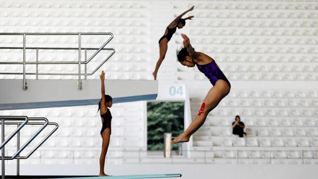 Divers train at the Aquatic Center located in the Gelora Bung Karno sports complex, the main venue for the upcoming Asian Games 2018 in Jakarta, Indonesia. (Darren Whiteside / REUTERS)