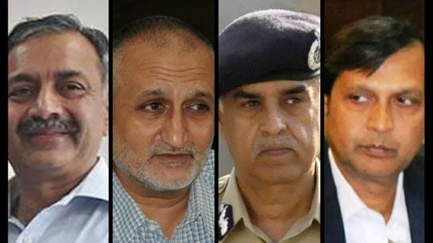 DGP (HRD) S Chattopadhyaya, ADGP Harpreet Sidhu appear to be on one side; DGP Suresh Arora and DGP (Intel) Dinkar Gupta on the other.(HT Photo) DGP (HRD) S Chattopadhyaya, ADGP Harpreet Sidhu appear to be on one side; DGP Suresh Arora and DGP (Intel) Dinkar Gupta on the other.(HT Photo)