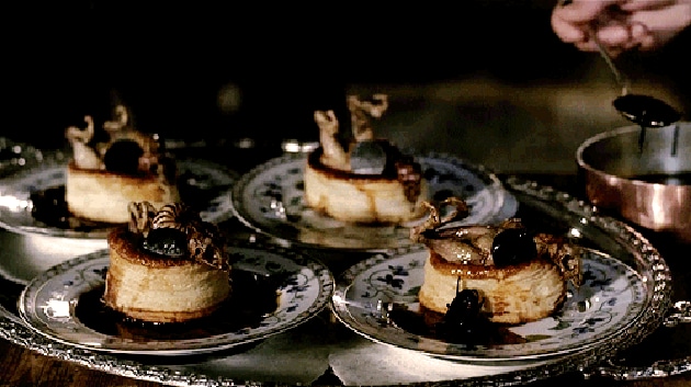 In Babette’s Feast, sumptuous dishes like the cailles en sarcophage (quail in puff pastry shell with foie gras and truffle sauce) become a metaphor for the perceived conflict between pleasure and piety. You can read Karen Blixen’s elegant short story online, and watch the film on YouTube.