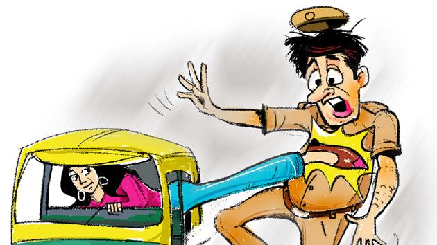 When the driver left the auto for a few minutes to purchase something from a shop, the traffic cop started misbehaving with the karate player on finding her alone. (Illustration by Biswajit Debnath/HT) When the driver left the auto for a few minutes to purchase something from a shop, the traffic cop started misbehaving with the karate player on finding her alone. (Illustration by Biswajit Debnath/HT)
