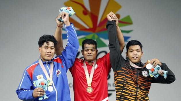 RV Rahul lifted a total of 338 kg -- 151 kg in snatch and 187 in clean and jerk -- to bring maiden gold medal for India in this (85 kg) weight category. (REUTERS) RV Rahul lifted a total of 338 kg -- 151 kg in snatch and 187 in clean and jerk -- to bring maiden gold medal for India in this (85 kg) weight category. (REUTERS)