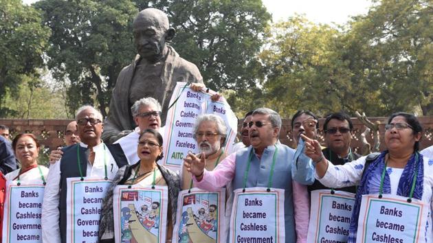 All India Trinamool Congress (TMC) MPs stage a protest over the PNB scam case on March 5. The last full budget session before the 2019 Elections couldn’t debate five no-confidence motions, and passed the budget and related bills without debate. Just two out of eight planned bills were introduced. (Arvind Yadav / HT Photo) 