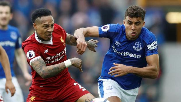 Everton's Dominic Calvert-Lewin (R) in action with Liverpool's Nathaniel Clyne during the Premier League match between the two sides at Goodison Park, Liverpool on April 7, 2018. The match ended 0-0.(Action Images via Reuters)
