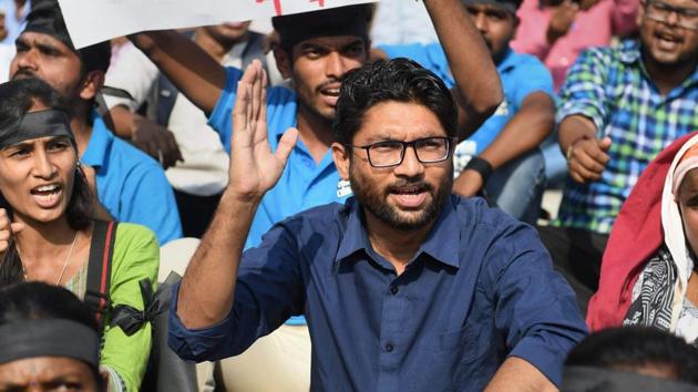 Dalit leader and independent legislator from Gujarat, Jignesh Mevani, during a protest in Bengaluru.(PTI Photo)