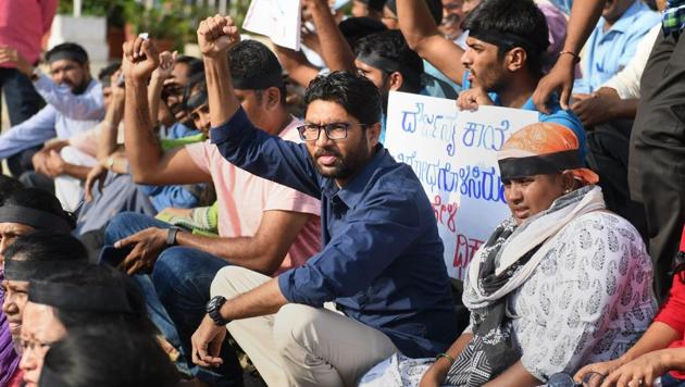 Gujarat MLA and Dalit leader Jignesh Mevani at a protest in Bengaluru on Wednesday.(PTI)