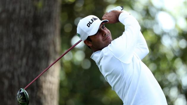 Shubhankar Sharma hits off the second tee during second round of the 2018 Augusta Masters golf tournament at the Augusta National Golf Club in Georgia, US, on Friday.(REUTERS)