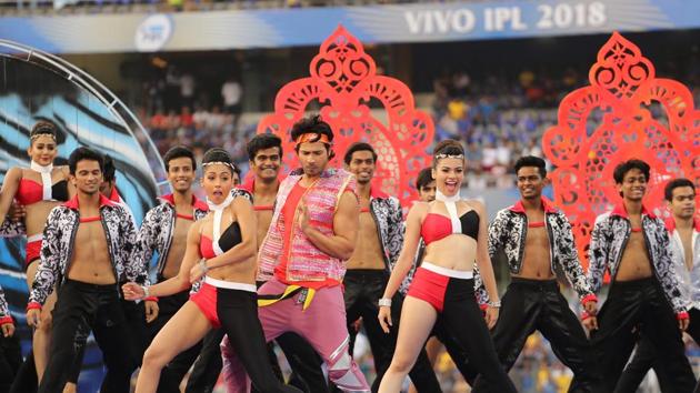 Varun Dhawan performs during the opening ceremony of the Indian Premier League 2018 (IPL 2018) before the first match between the Mumbai Indians and the Chennai Super Kings held at the Wankhede Stadium in Mumbai on the 7th April 2018.(IPL / SPORTZPICS)