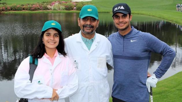 Vandini, Colonel ML Sharma (retd) and Shubhankar Sharma at The Masters Tournament. (DAVID CANNON / AP) Vandini, Colonel ML Sharma (retd) and Shubhankar Sharma at The Masters Tournament. (DAVID CANNON / AP)