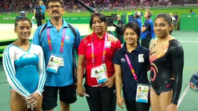 The Indian women’s gymnastics trio of Aruna Budda Reddy, Praniti Nayak and Praniti Das was not even wearing identical leotards during the 2018 Commonwealth Games team final.(HT Photo)