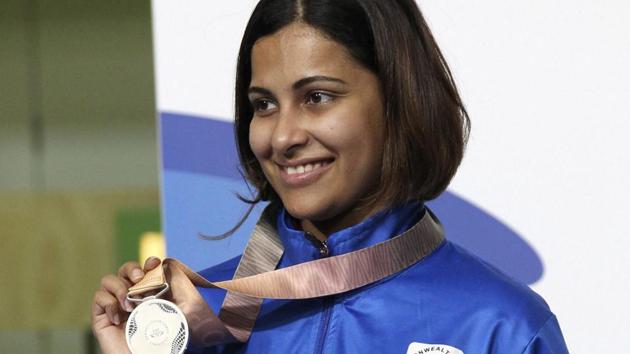 India's Heena Sidhu poses with the silver medal after the women's 10m Air Pistol final at the Belmont Shooting Centre during the 2018 Commonwealth Games in Brisbane, Australia, on Sunday.(AP)