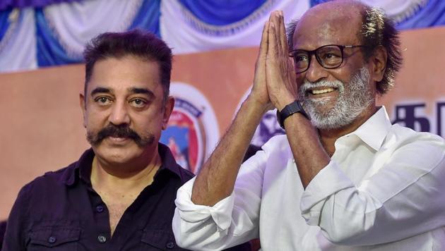 Rajinikanth, with fellow actor-turned-politician Kamal Haasan at a protest in support of ongoing agitations in Tamil Nadu.(PTI Photo)