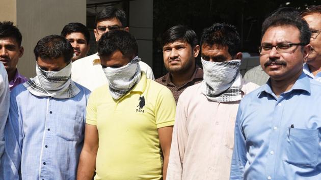 Three people, including a teacher, were arrested by the Delhi Police from a private school in Una, Himachal Pradesh, on Saturday for allegedly leaking the Class 21 Economics CBSE paper, at Delhi Police headquarters on April 7, 2018.(Mohd Zakir/HT Photo)