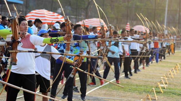 Participants in action during the Senior National Archery Championship, 2018 on Thursday, April 5, 2018. (Shankar Narayan/HT PHOTO)