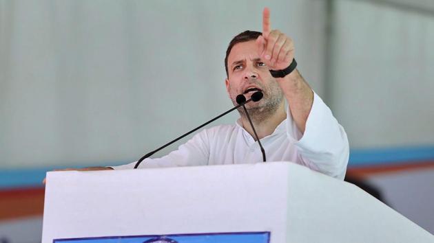Congress president Rahul Gandhi addresses a Corner Meeting, during an election campaign ahead of Karnataka Assembly elections at KGF Municipal Ground in Kolar on Saturday.(PTI photo)