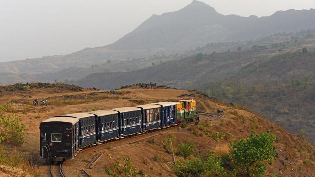 A toy train passing through the mountains at Matheran near Karjat. (Pratham Gokhale/HT Photo)