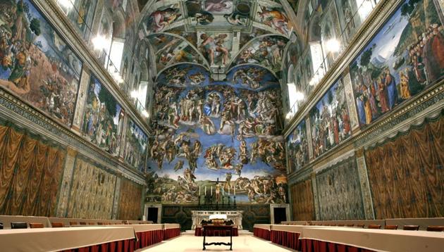 Tables and chairs line the Sistine Chapel at the Vatican in preparation for the conclave.(AP file)