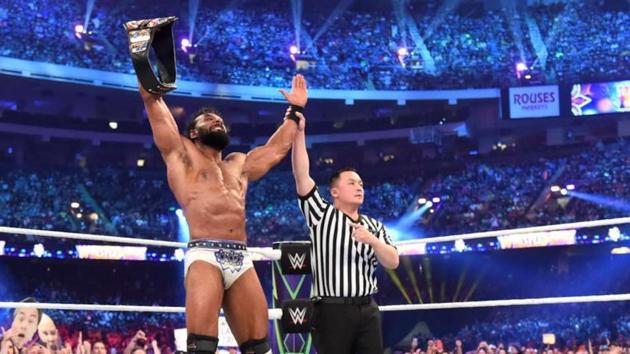 Jinder Mahal pinned Rusev to win the WWE United States title at WrestleMania 34.(Twitter)