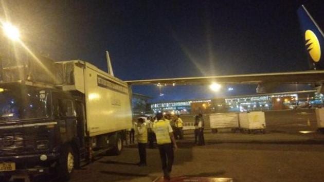 A major accident was averted as a Jet Airways aircraft wing hit a truck at Indira Gandhi International Airport in New Delhi on Sunday.(ANI Photo/Twitter)
