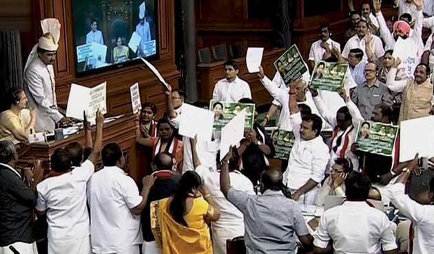 AIADMK members have created ruckus in Parliament all through the recently-concluded Budget session over creation of Cauvery Water Management Board.(PTI/File Photo)